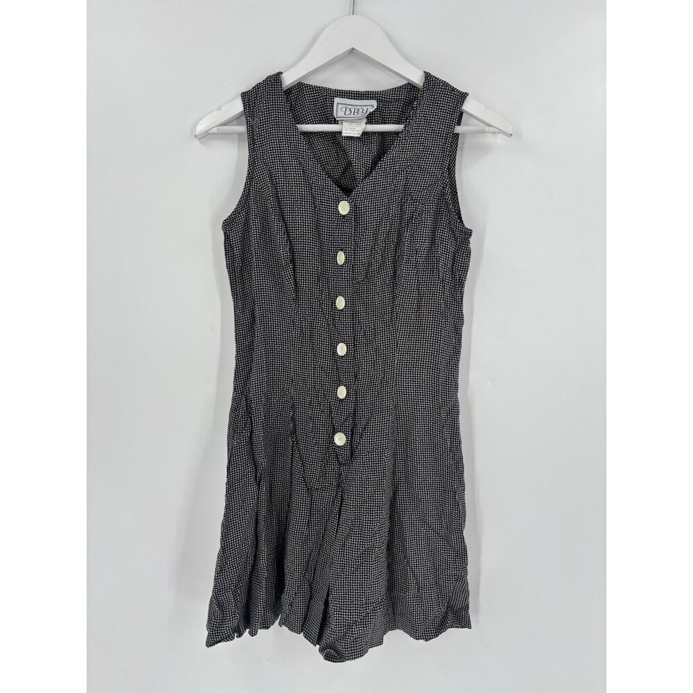 Vintage DBY Romper Womens 7 Black White Sleeveless Button Front V Neck Smocked